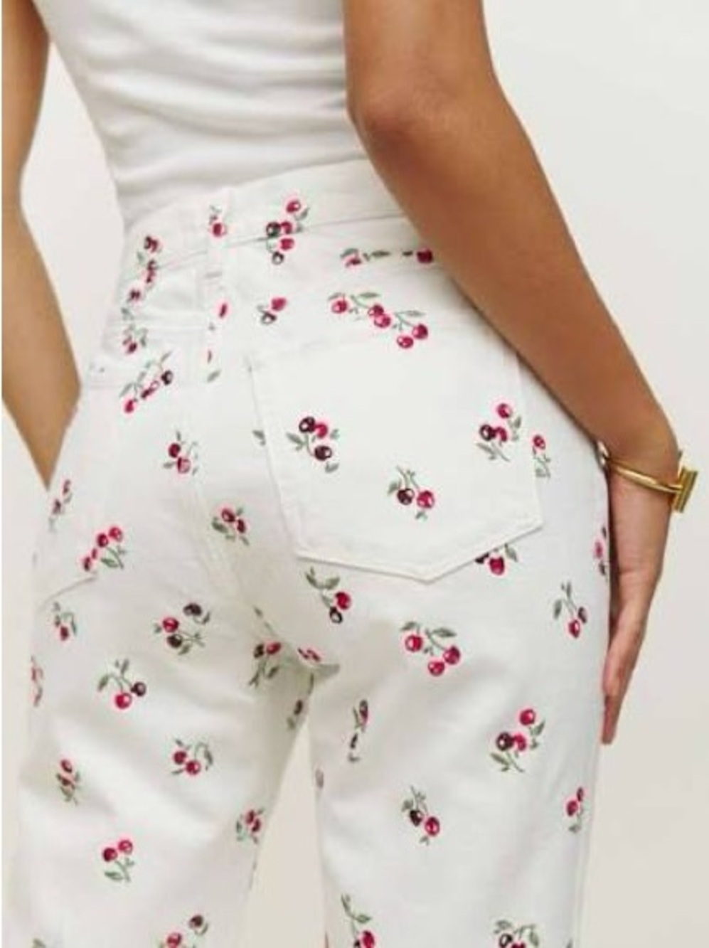 Reformation White Cherry-Print Straight Leg Jeans